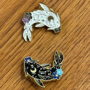 White black Koi fish yin yang moon crescent floral Chinese symbol enamel Pins